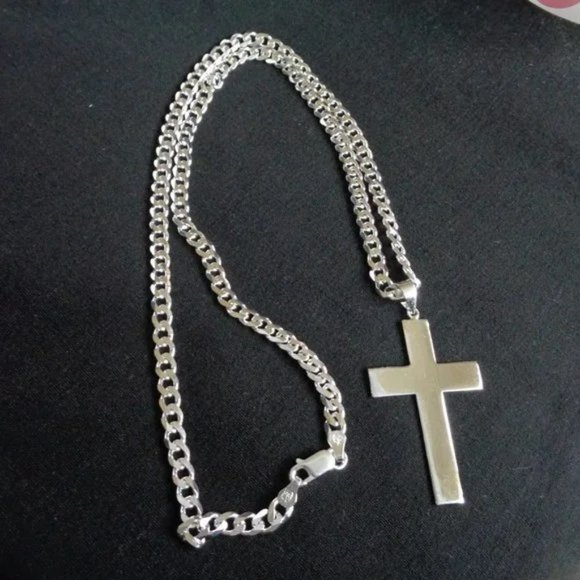 Flat Cross Necklace, 925 ITALY SOLID Sterling Silver Cross Pendant Curb Chain - Picture 4 of 5